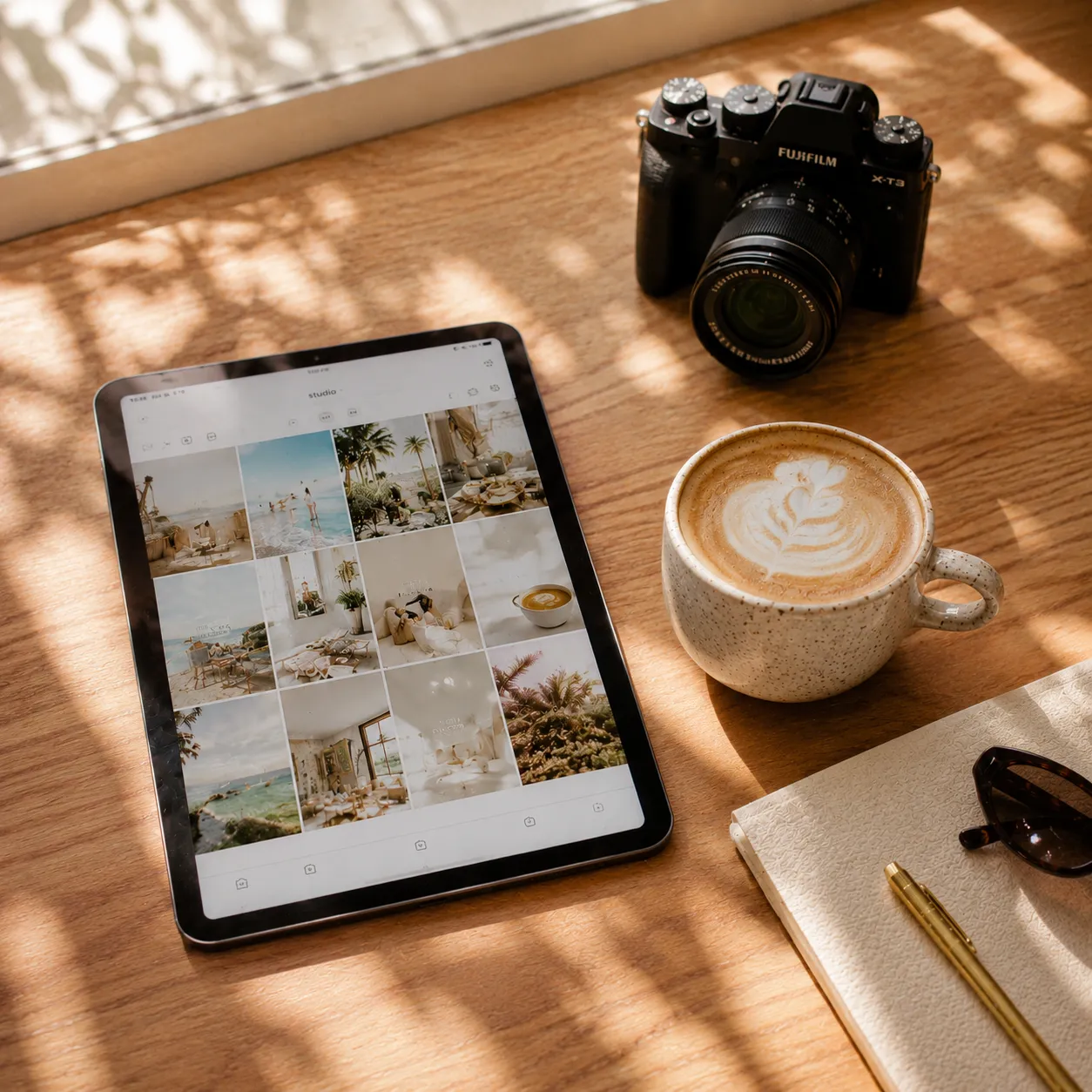 Tablet showing a creator content grid beside a camera and coffee on a sunlit desk